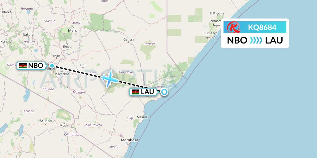 KQ8684 Kenya Airways Flight Map: Nairobi to Lamu