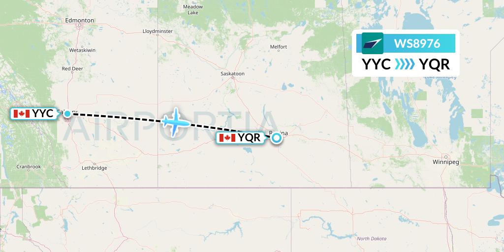 WS8976 WestJet Flight Map: Calgary to Regina