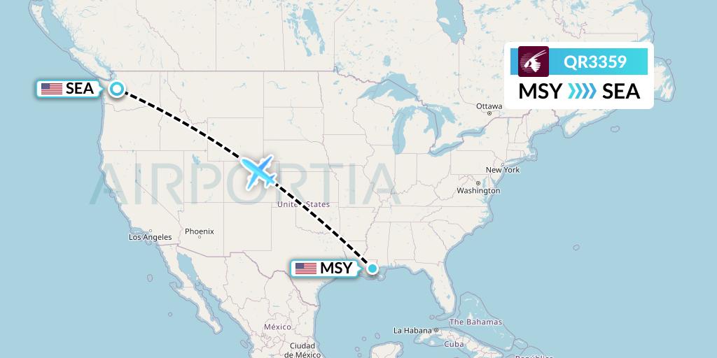 QR3359 Qatar Airways Flight Map: New Orleans to Seattle