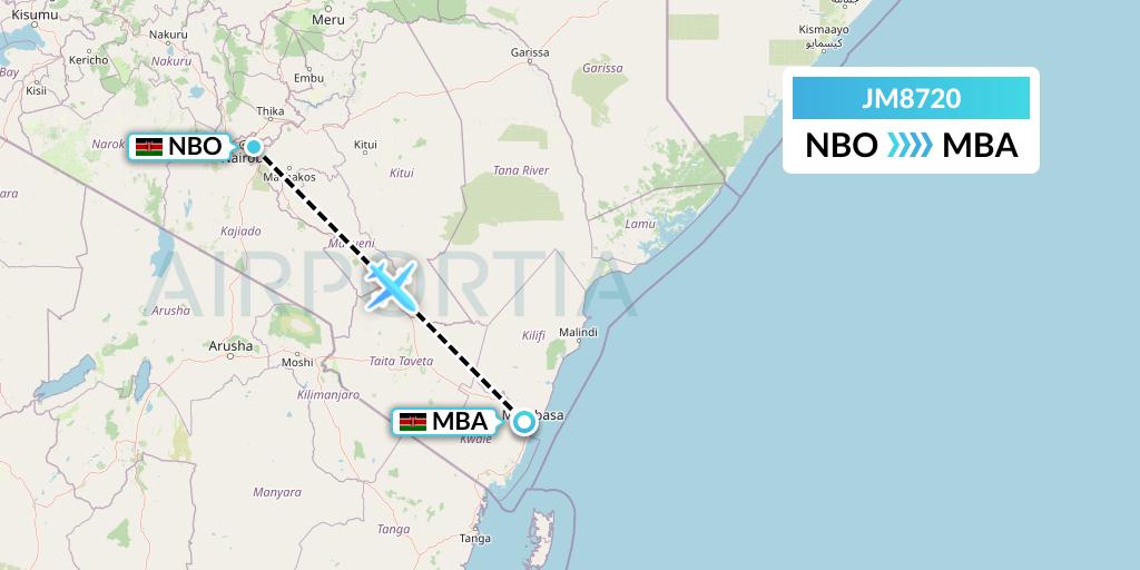 JM8720 Jambojet Limited Flight Map: Nairobi to Mombasa