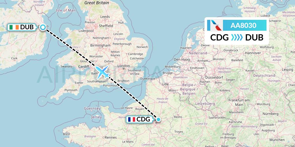 AA8030 American Airlines Flight Map: Paris to Dublin