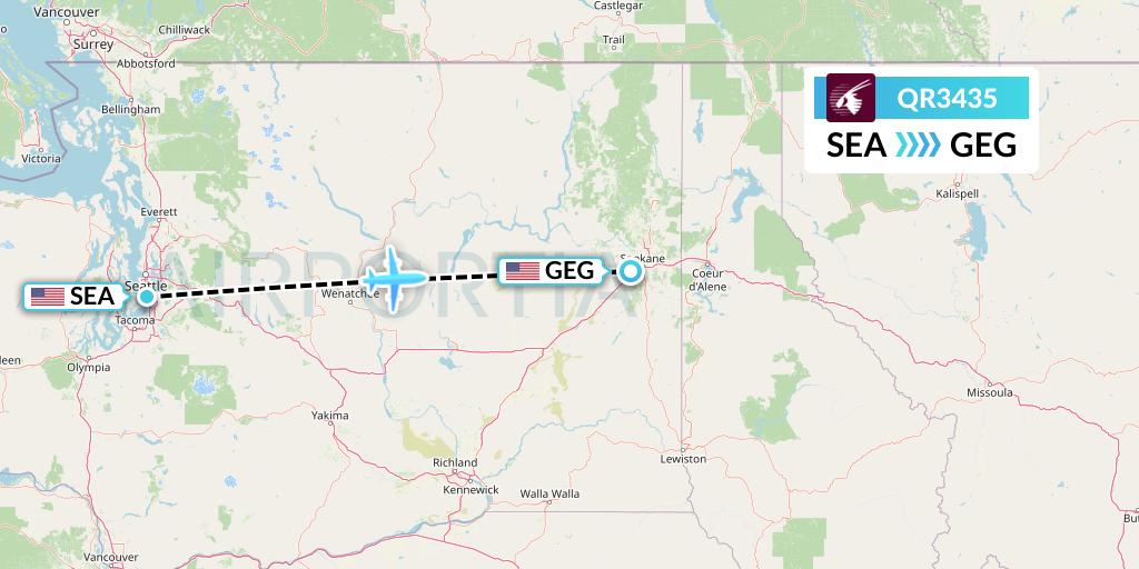 QR3435 Qatar Airways Flight Map: Seattle to Spokane