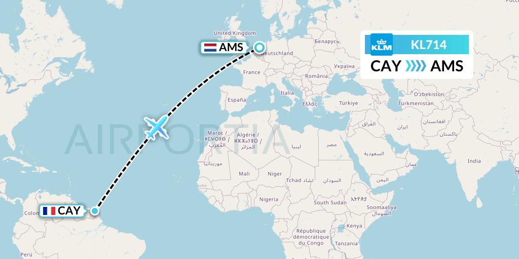 KL714 KLM Flight Map: Cayenne to Amsterdam