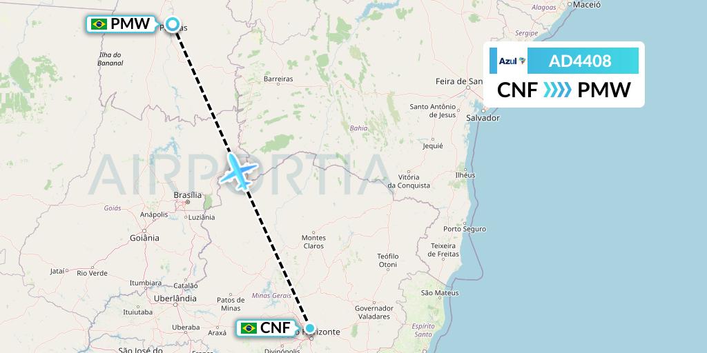 AD4408 Azul Brazilian Airlines Flight Map: Belo Horizonte to Palmas