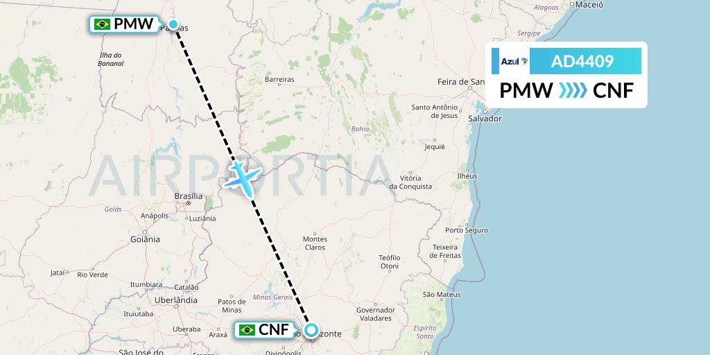AD4409 Azul Brazilian Airlines Flight Map: Palmas to Belo Horizonte