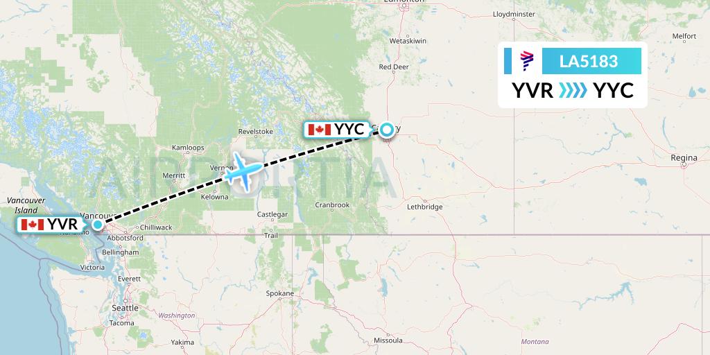 LA5183 LAN Airlines Flight Map: Vancouver to Calgary