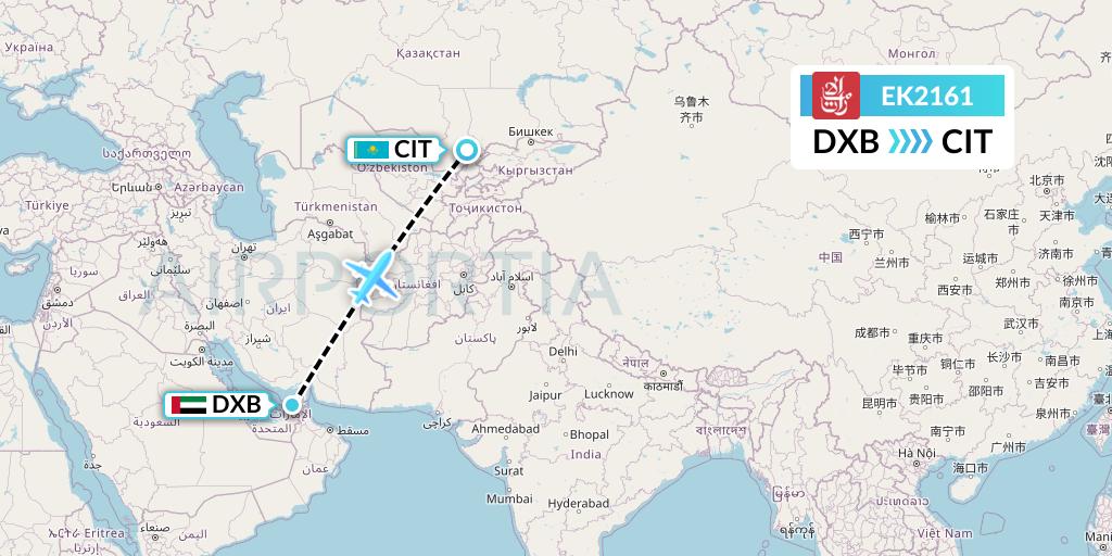 EK2161 Emirates Flight Map: Dubai to Shymkent
