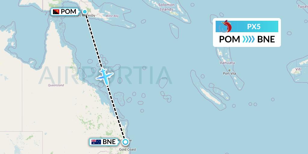 PX5 Air Niugini Flight Map: Port Moresby to Brisbane