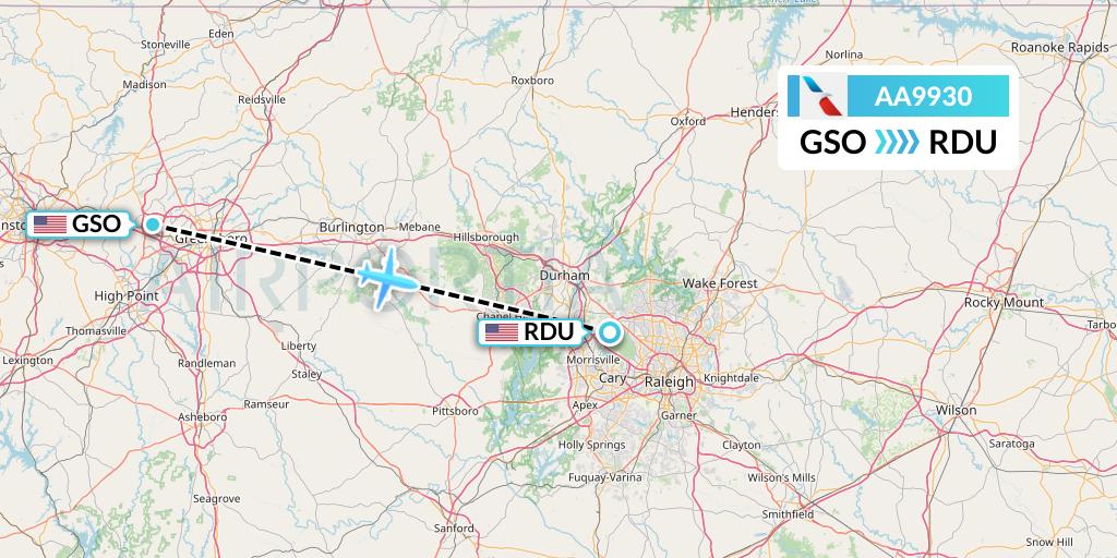 AA9930 American Airlines Flight Map: Greensboro to Raleigh-Durham