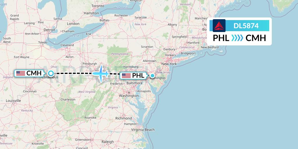 DL5874 Delta Air Lines Flight Map: Philadelphia to Columbus