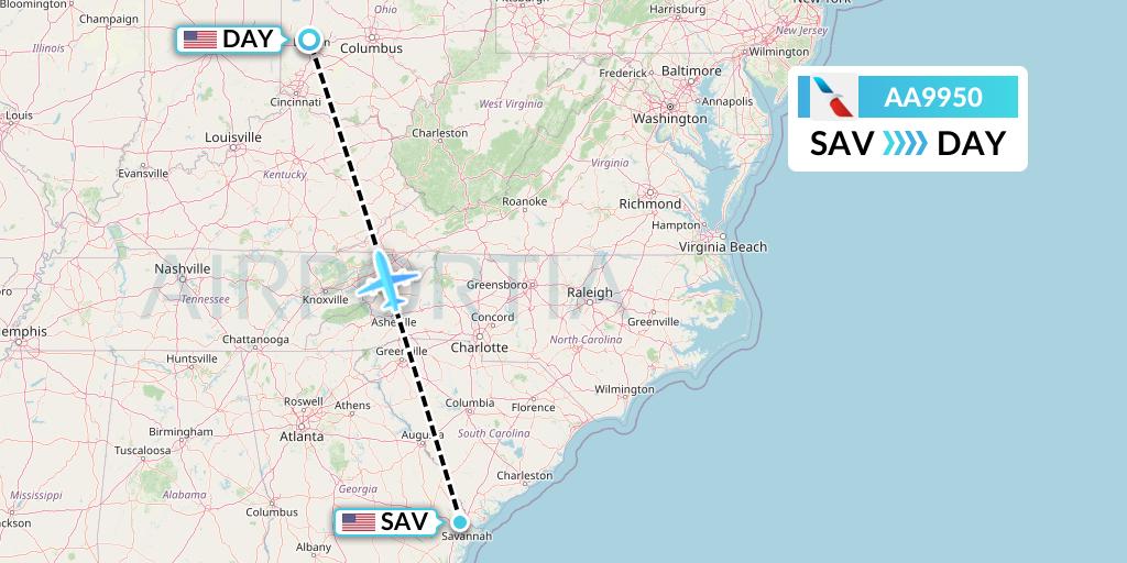 AA9950 American Airlines Flight Map: Savannah to Dayton