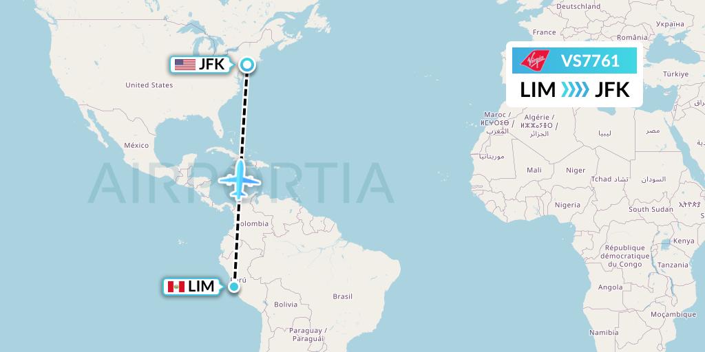 VS7761 Virgin Atlantic Airways Flight Map: Lima to New York