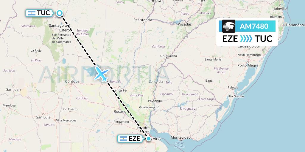AM7480 Aeromexico Flight Map: Buenos Aires to Tucuman