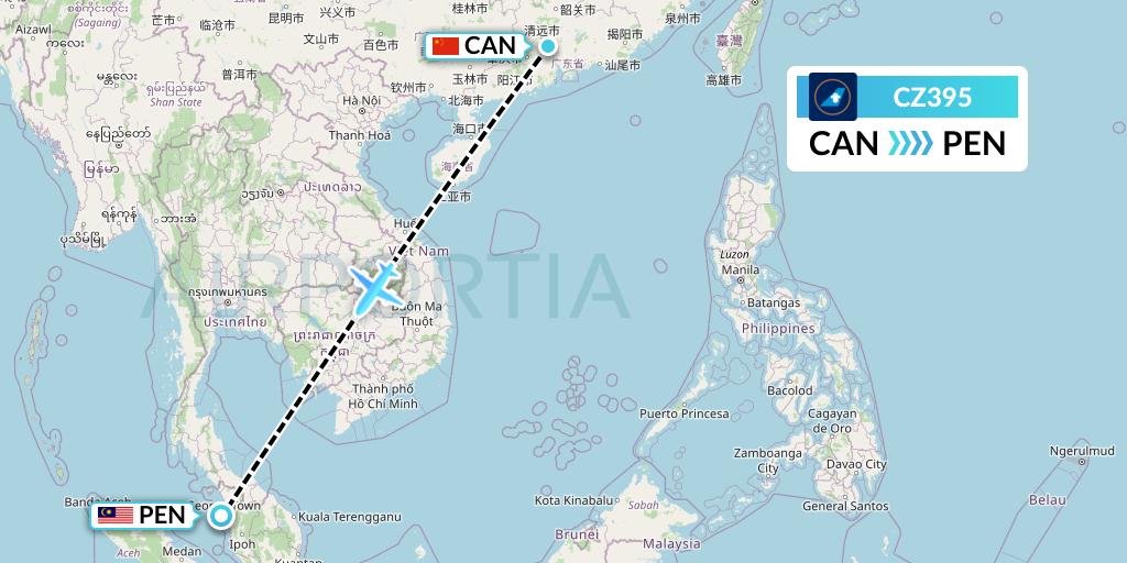 CZ395 China Southern Airlines Flight Map: Guangzhou to Penang