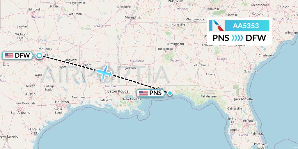 AA5353 American Airlines Flight Map: Pensacola to Dallas