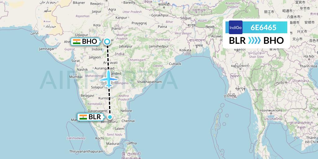 6E6465 IndiGo Airlines Flight Map: Bangalore to Bhopal