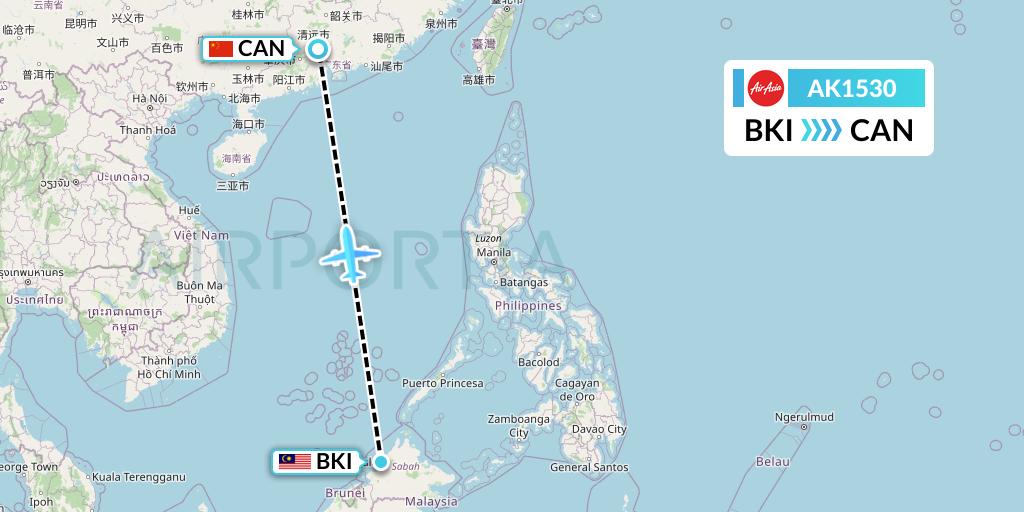 AK1530 AirAsia Flight Map: Kota Kinabalu to Guangzhou