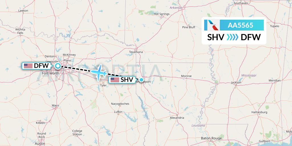 AA5565 American Airlines Flight Map: Shreveport to Dallas