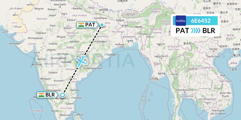 6E6452 IndiGo Airlines Flight Map: Patna to Bangalore