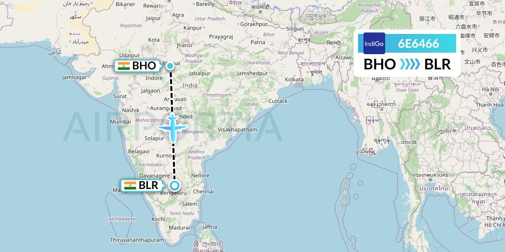 6E6466 IndiGo Airlines Flight Map: Bhopal to Bangalore