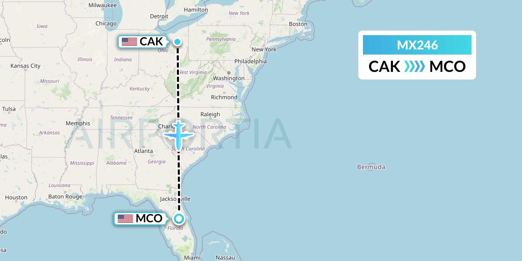 MX246 Breeze Airways Flight Map: Akron to Orlando