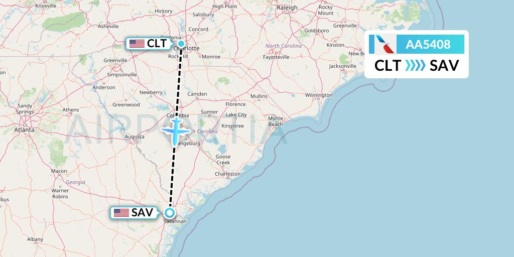 AA5408 American Airlines Flight Map: Charlotte to Savannah