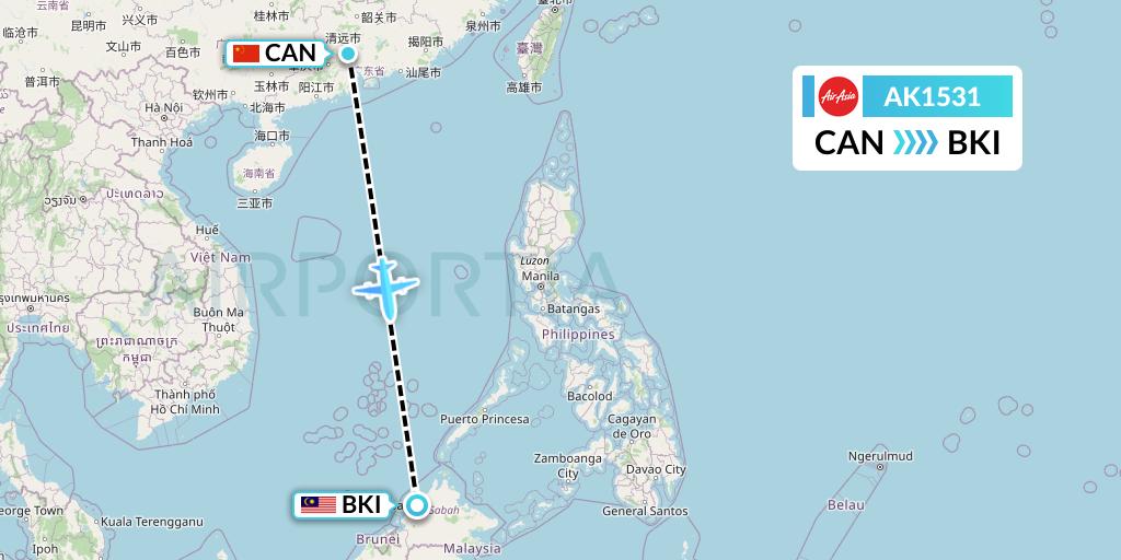AK1531 AirAsia Flight Map: Guangzhou to Kota Kinabalu