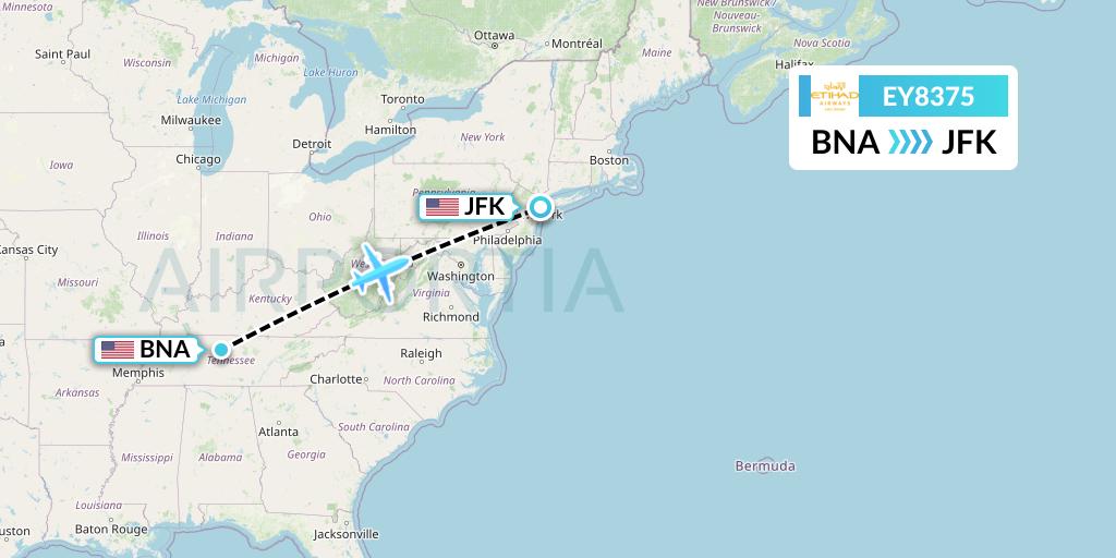 EY8375 Etihad Airways Flight Map: Nashville to New York