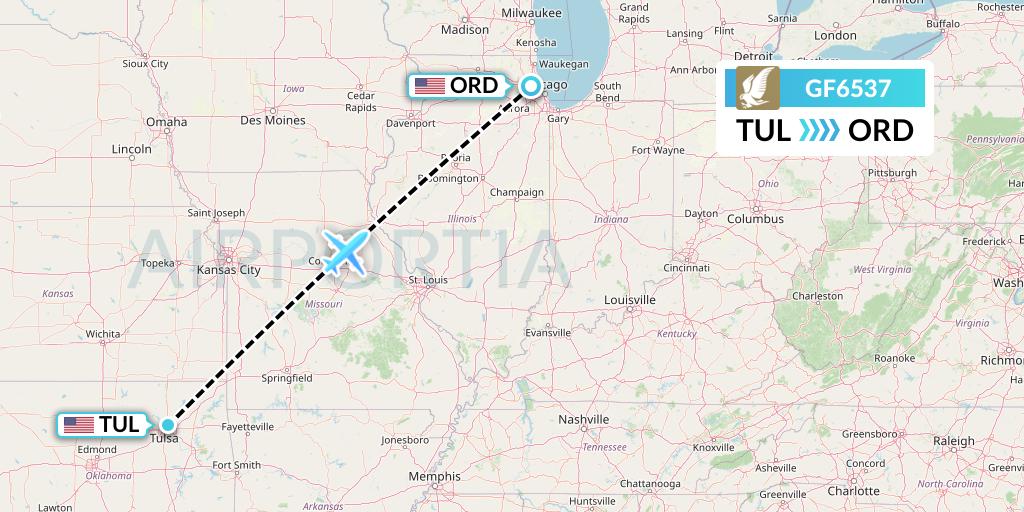GF6537 Gulf Air Flight Map: Tulsa to Chicago