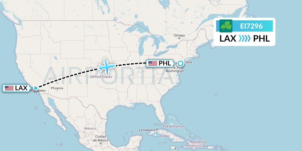 EI7296 Aer Lingus Flight Map: Los Angeles to Philadelphia