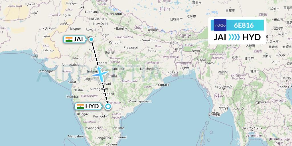 6E816 IndiGo Airlines Flight Map: Jaipur to Hyderabad