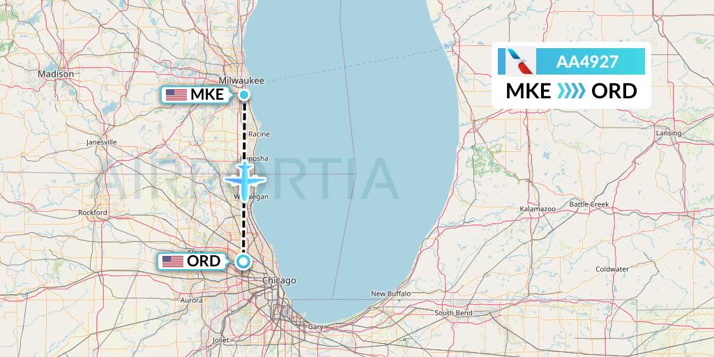 AA4927 American Airlines Flight Map: Milwaukee to Chicago
