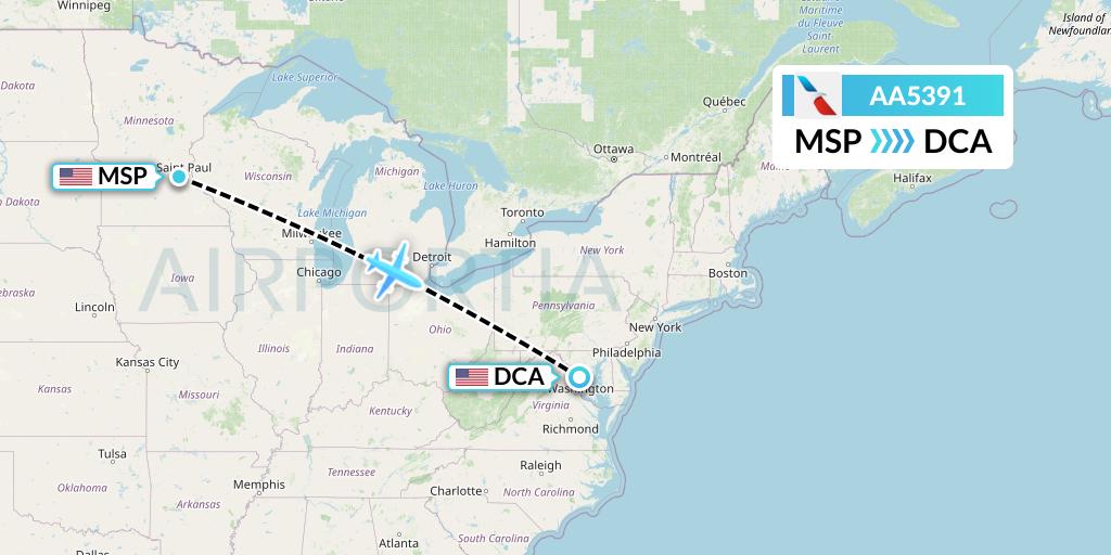 AA5391 American Airlines Flight Map: Minneapolis to Washington