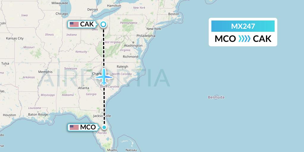 MX247 Breeze Airways Flight Map: Orlando to Akron