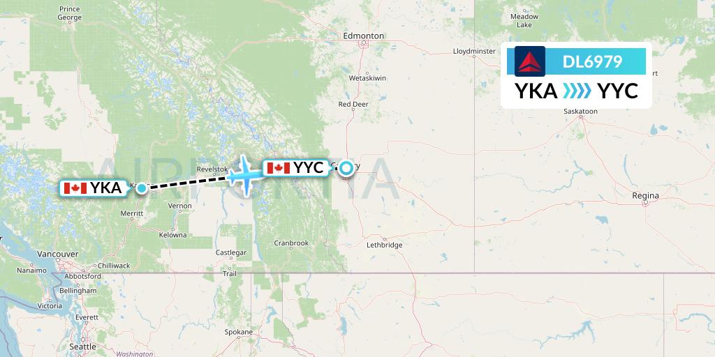 DL6979 Delta Air Lines Flight Map: Kamloops to Calgary