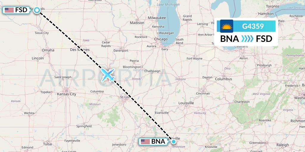 G4359 Allegiant Air Flight Map: Nashville to Sioux Falls