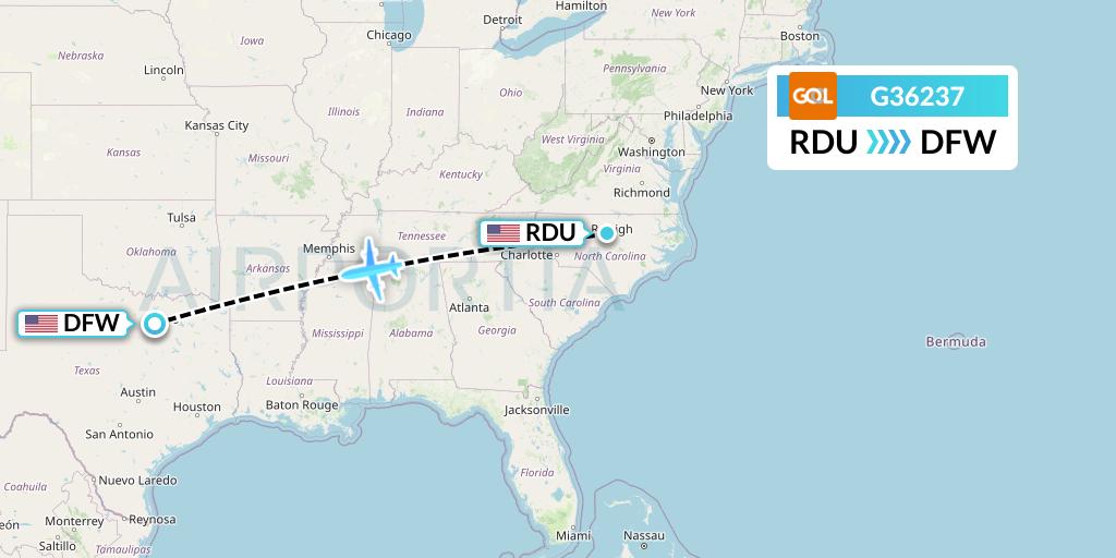 G36237 GOL Transportes Aeros Flight Map: Raleigh-Durham to Dallas