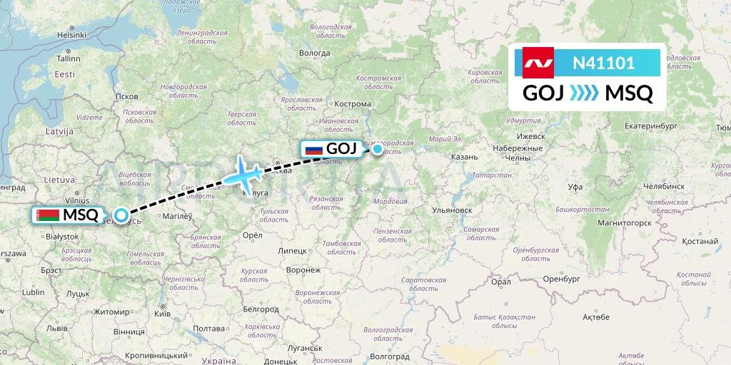 N41101 Nordwind Airlines Flight Map: Nizhny Novgorod to Minsk
