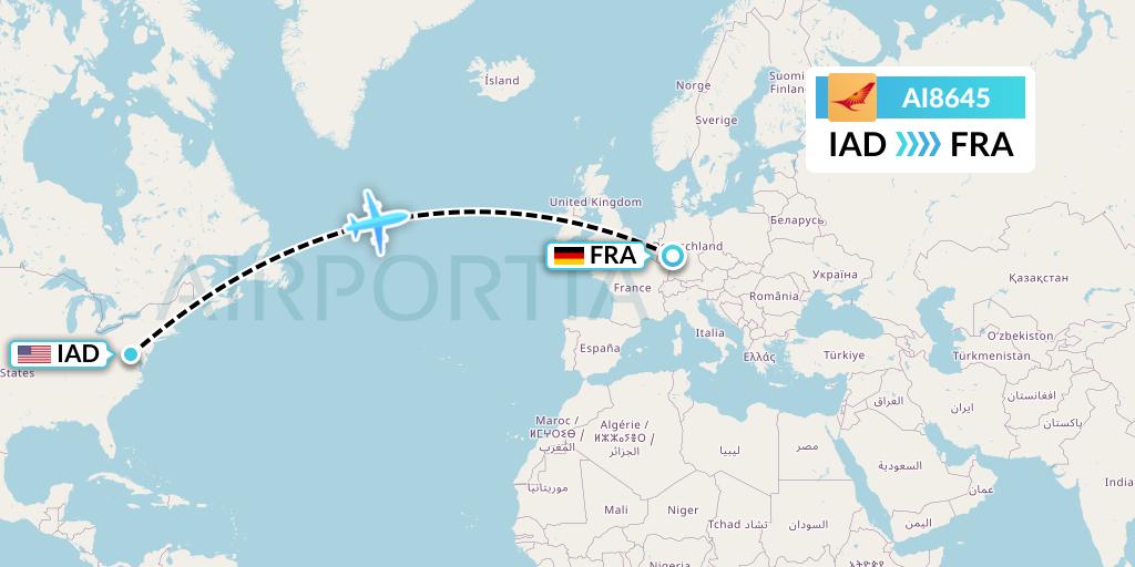 AI8645 Air India Flight Map: Washington to Frankfurt