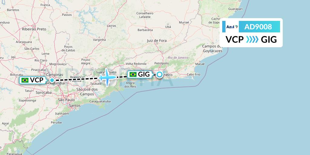 AD9008 Azul Brazilian Airlines Flight Map: Campinas to Rio de Janeiro