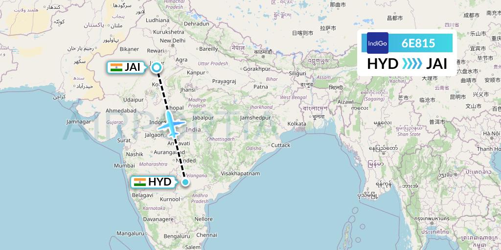 6E815 IndiGo Airlines Flight Map: Hyderabad to Jaipur