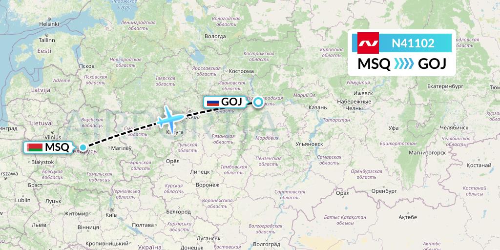N41102 Nordwind Airlines Flight Map: Minsk to Nizhny Novgorod
