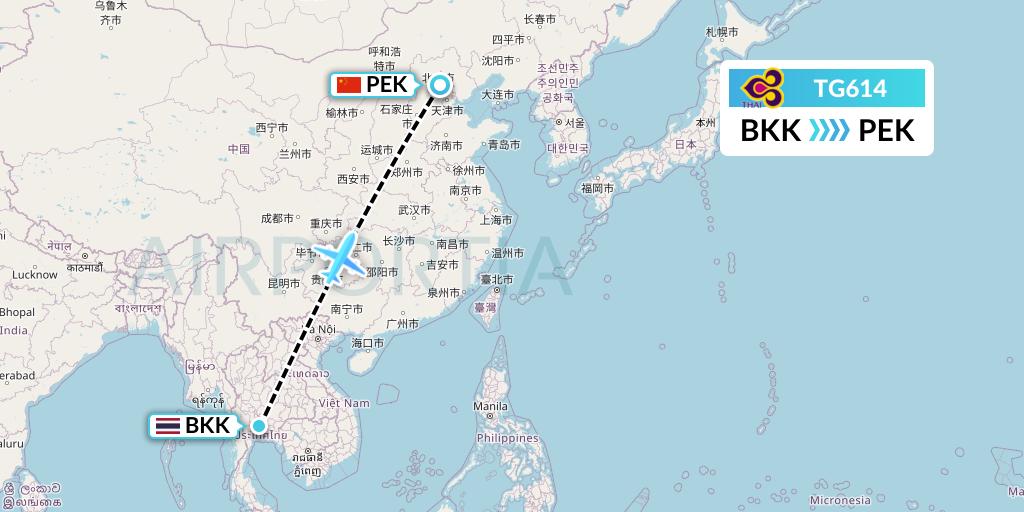 TG614 Thai Airways Flight Map: Bangkok to Beijing