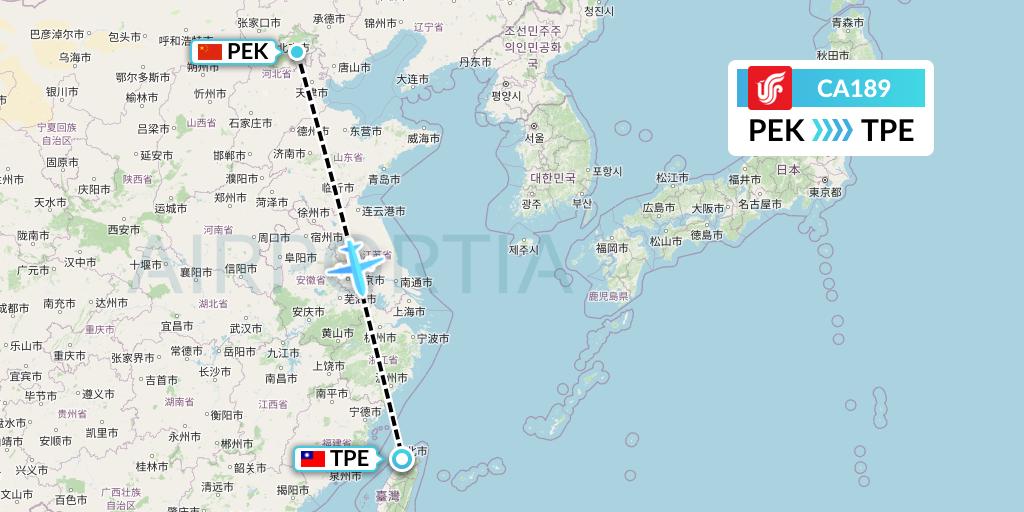 CA189 Air China Flight Map: Beijing to Taipei