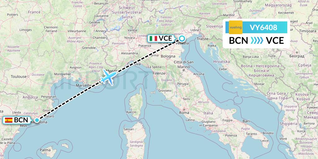 VY6408 Vueling Flight Map: Barcelona to Venice