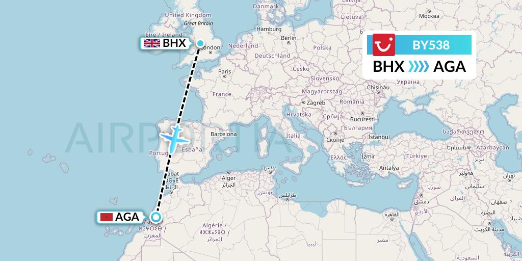 BY538 TUI Airways Flight Map: Birmingham to Agadir