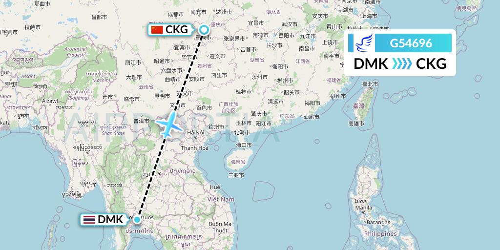 G54696 China Express Airlines Flight Map: Bangkok to Chongqing