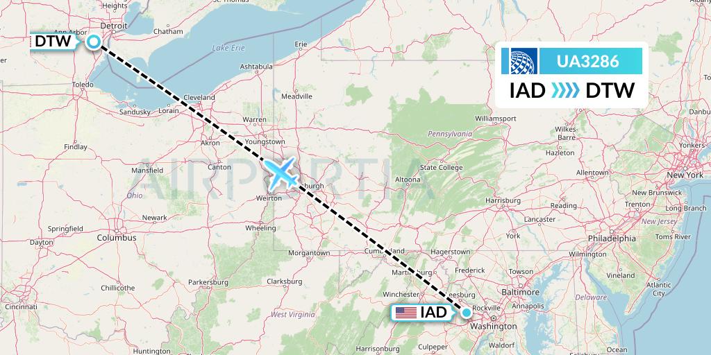 UA3286 United Airlines Flight Map: Washington to Detroit