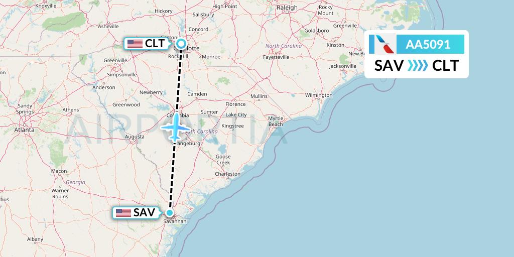 AA5091 American Airlines Flight Map: Savannah to Charlotte