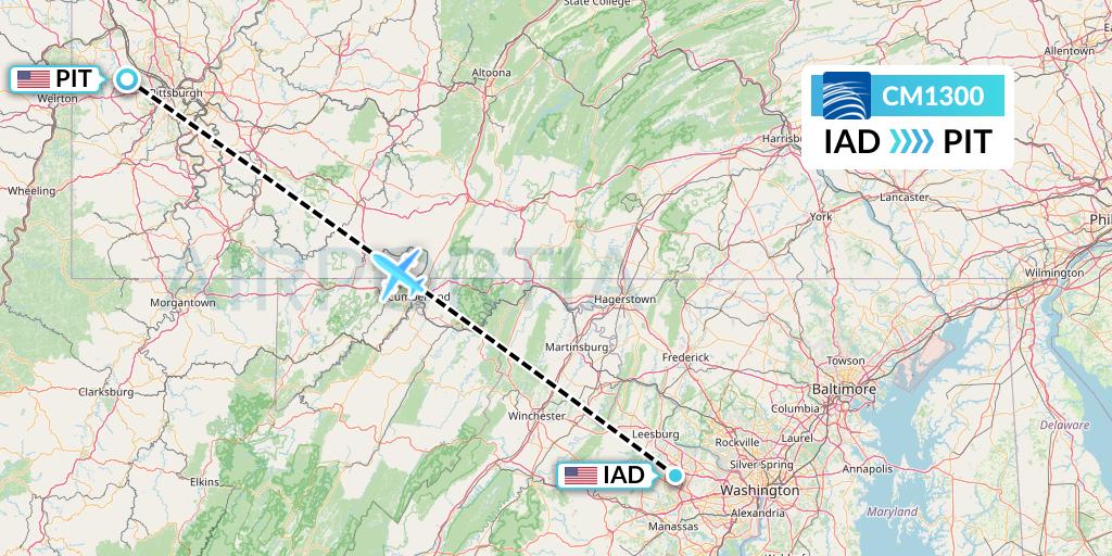 CM1300 Copa Airlines Flight Map: Washington to Pittsburgh